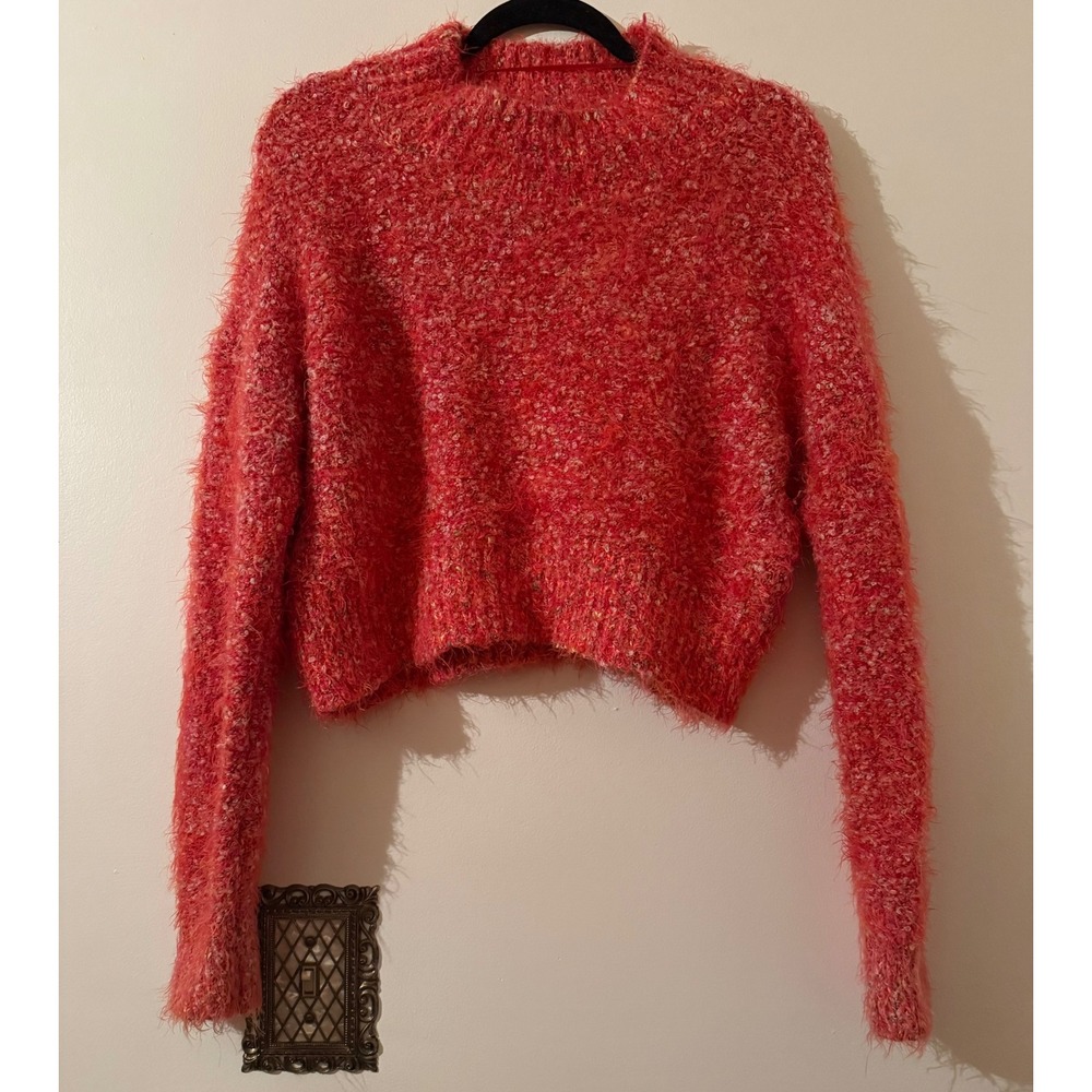 Free People Stardust Shaggy Fuzzy Cropped Mock Neck Sweater XS Red Cozy Boho‎